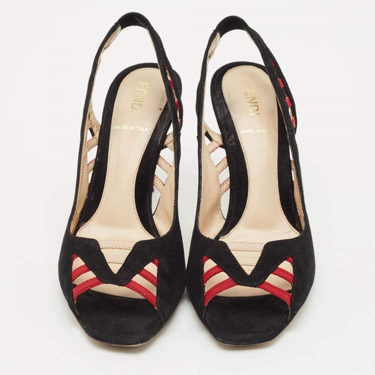 Pre Owned Fendi Black/Red Suede and Grosgrain Slingback Sandals Size 36