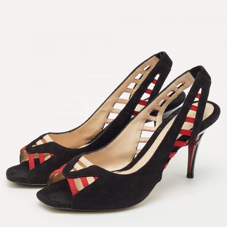 Pre Owned Fendi Black/Red Suede and Grosgrain Slingback Sandals Size 36