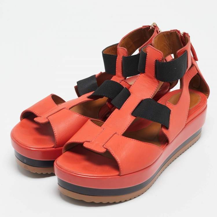 Pre Owned Fendi Orange/Black Leather and Elastic Strappy Platform Sandals Size 38.5