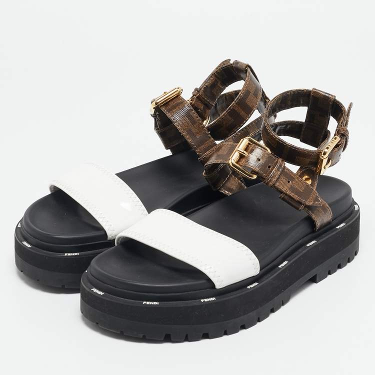 Pre Owned Fendi Brown/White Zucca Coated Canvas and Fabric Platform Sandals Size 38