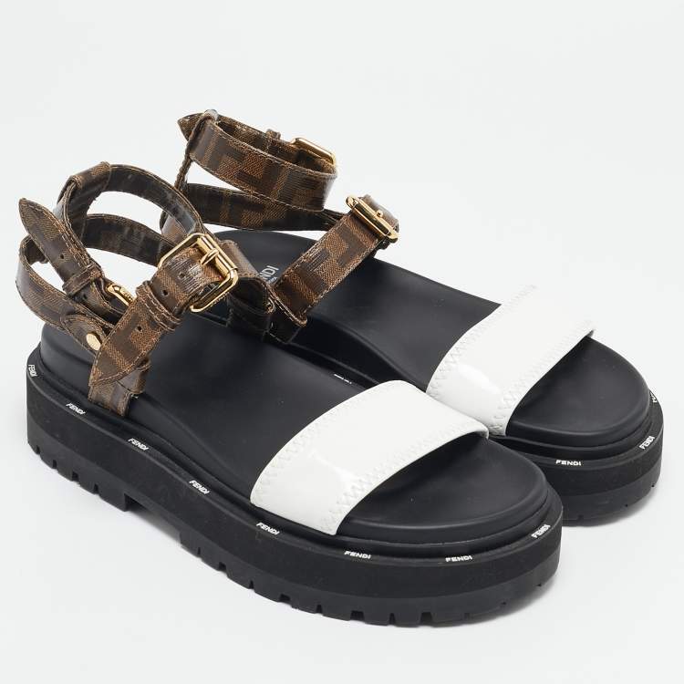 Pre Owned Fendi Brown/White Zucca Coated Canvas and Fabric Platform Sandals Size 38