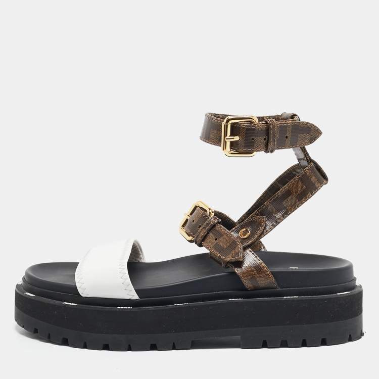 Pre Owned Fendi Brown/White Zucca Coated Canvas and Fabric Platform Sandals Size 38