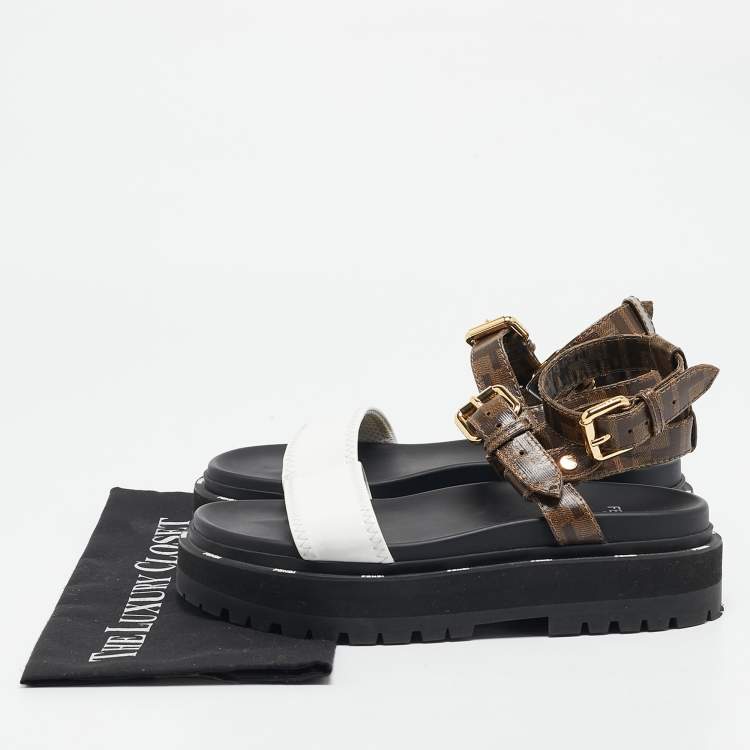 Pre Owned Fendi Brown/White Zucca Coated Canvas and Fabric Platform Sandals Size 38
