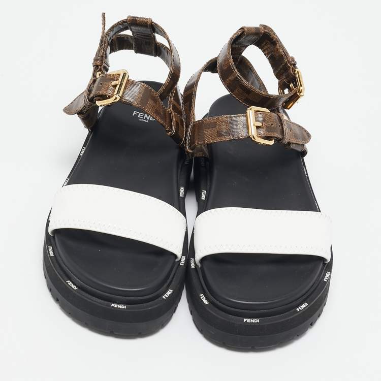Pre Owned Fendi Brown/White Zucca Coated Canvas and Fabric Platform Sandals Size 38