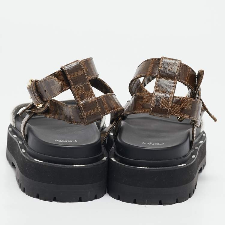 Pre Owned Fendi Brown/White Zucca Coated Canvas and Fabric Platform Sandals Size 38