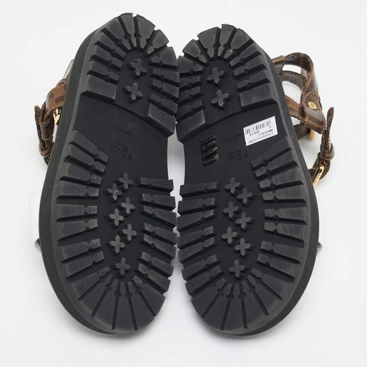 Pre Owned Fendi Brown/White Zucca Coated Canvas and Fabric Platform Sandals Size 38