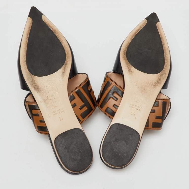 Pre Owned Fendi Black/Brown Zucca Leather Pointed Toe Flat Mules Size 36