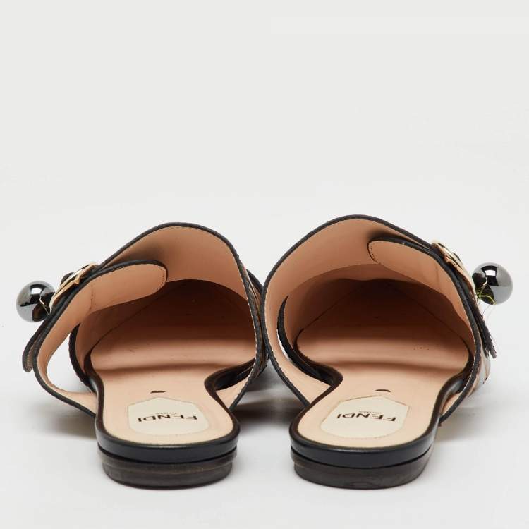 Pre Owned Fendi Black/Brown Zucca Leather Pointed Toe Flat Mules Size 36