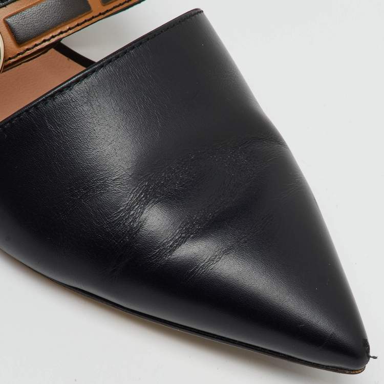 Pre Owned Fendi Black/Brown Zucca Leather Pointed Toe Flat Mules Size 36