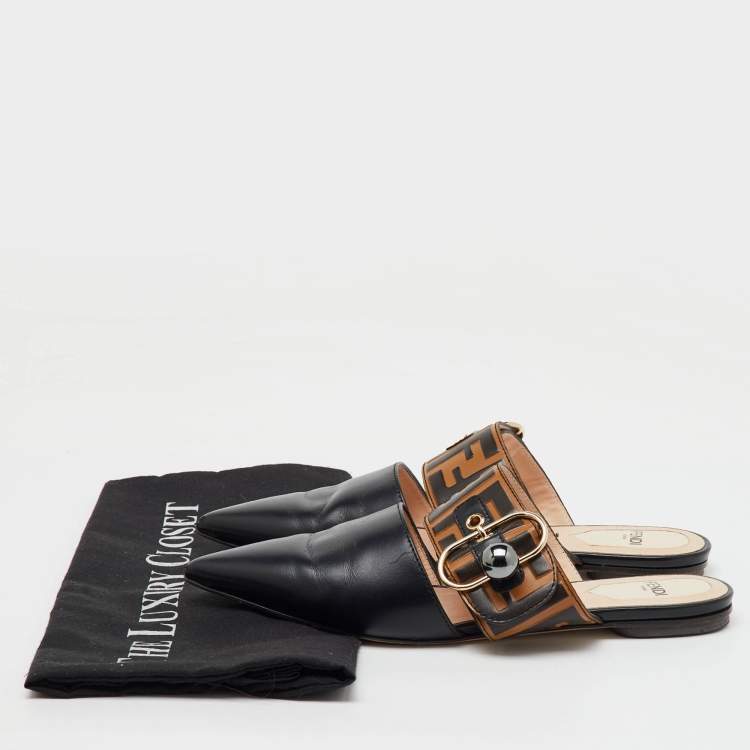 Pre Owned Fendi Black/Brown Zucca Leather Pointed Toe Flat Mules Size 36