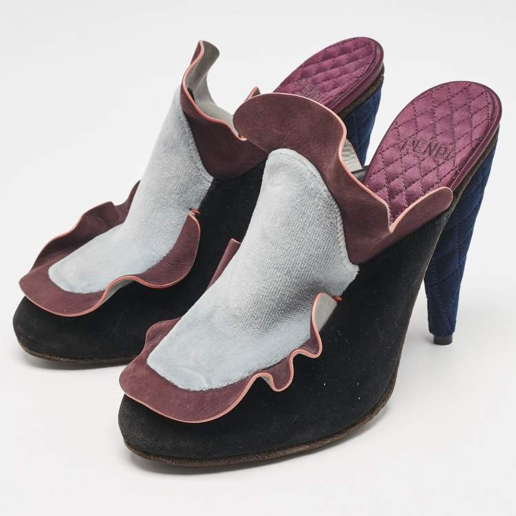 Pre Owned Fendi Multicolor Nubuck Leather and Velvet Mules Size 39