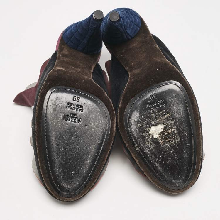 Pre Owned Fendi Multicolor Nubuck Leather and Velvet Mules Size 39