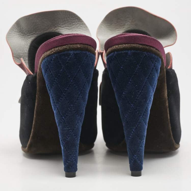 Pre Owned Fendi Multicolor Nubuck Leather and Velvet Mules Size 39