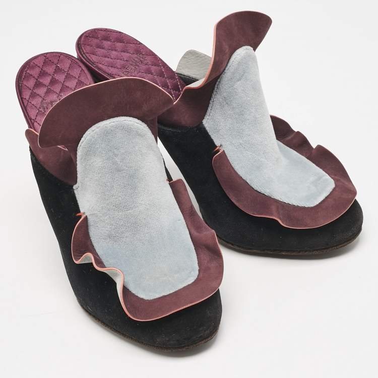 Pre Owned Fendi Multicolor Nubuck Leather and Velvet Mules Size 39