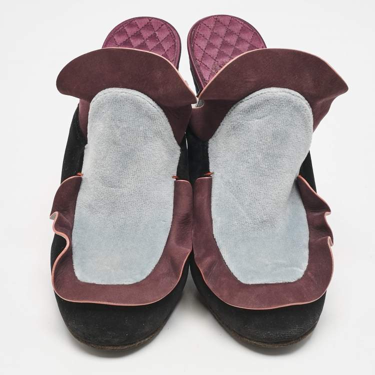 Pre Owned Fendi Multicolor Nubuck Leather and Velvet Mules Size 39