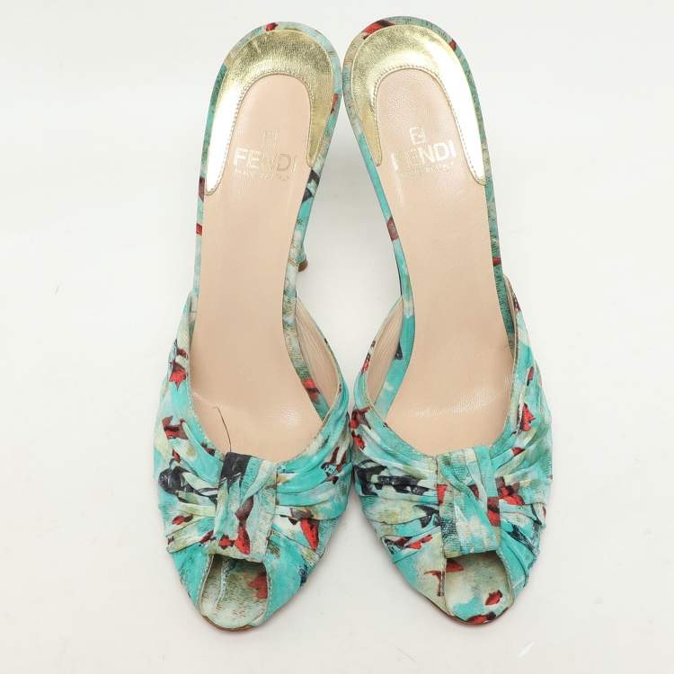 Pre Owned Fendi Multicolor Floral Printed Nylon Mules Size 39