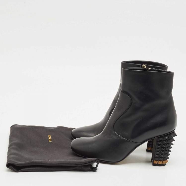 Pre Owned Fendi Black Leather Studded Ankle Boots Size 36