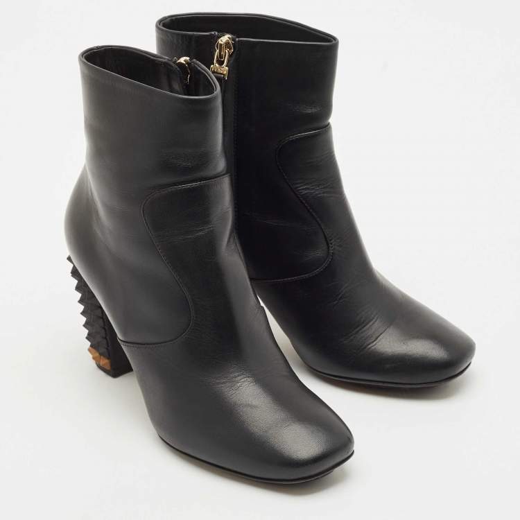Pre Owned Fendi Black Leather Studded Ankle Boots Size 36