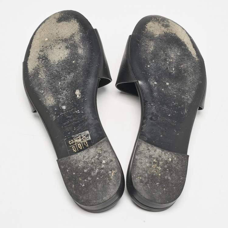 Pre Owned Fendi Black Leather Logo Flat Slides Size 37