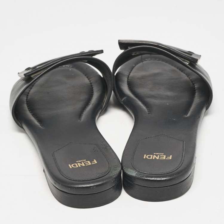 Pre Owned Fendi Black Leather Logo Flat Slides Size 37