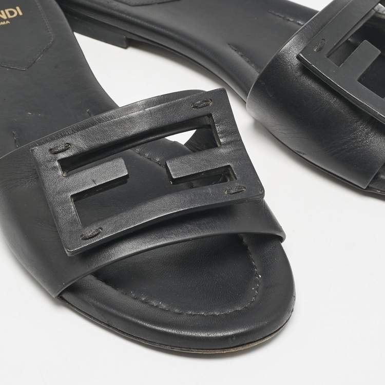 Pre Owned Fendi Black Leather Logo Flat Slides Size 37