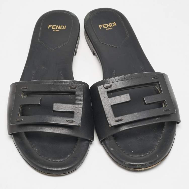 Pre Owned Fendi Black Leather Logo Flat Slides Size 37