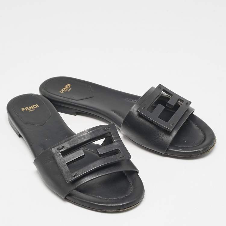 Pre Owned Fendi Black Leather Logo Flat Slides Size 37