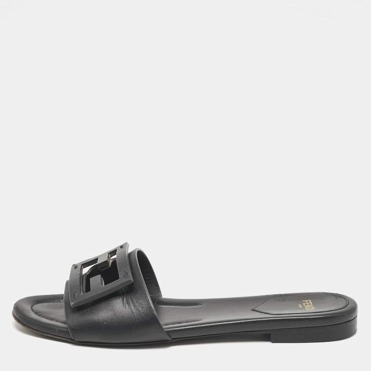 Pre Owned Fendi Black Leather Logo Flat Slides Size 37