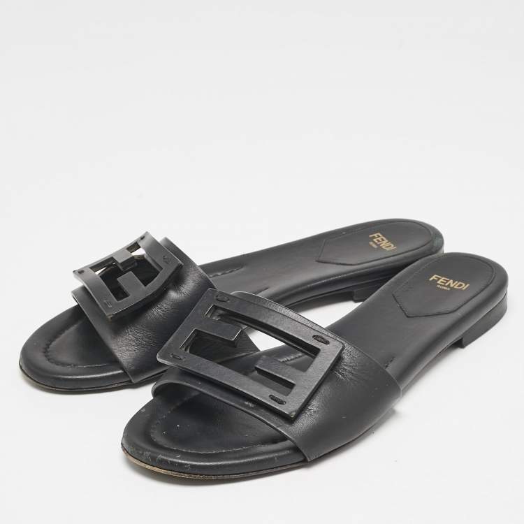 Pre Owned Fendi Black Leather Logo Flat Slides Size 37