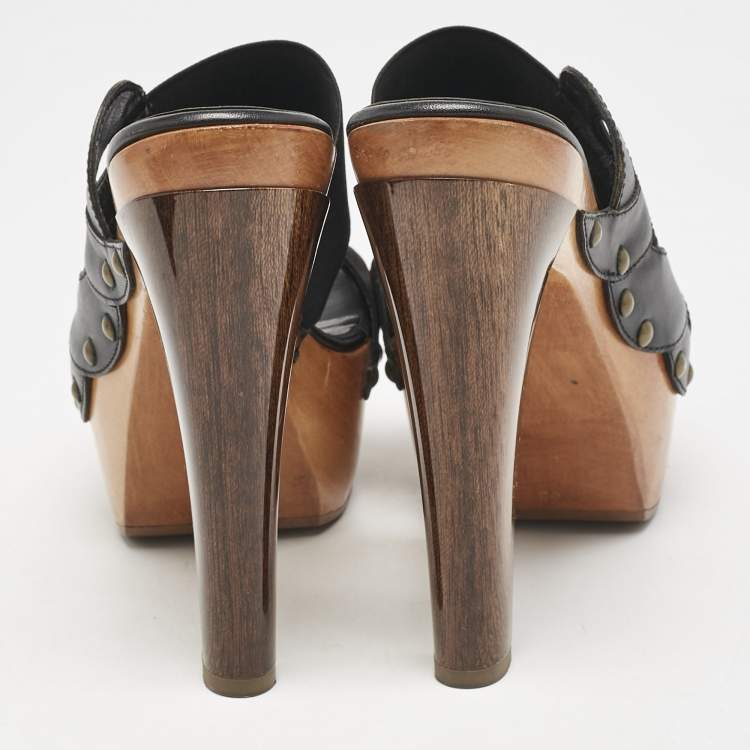 Pre Owned Fendi Black Leather and Elastic Wooden Platform Slide Sandals Size 38