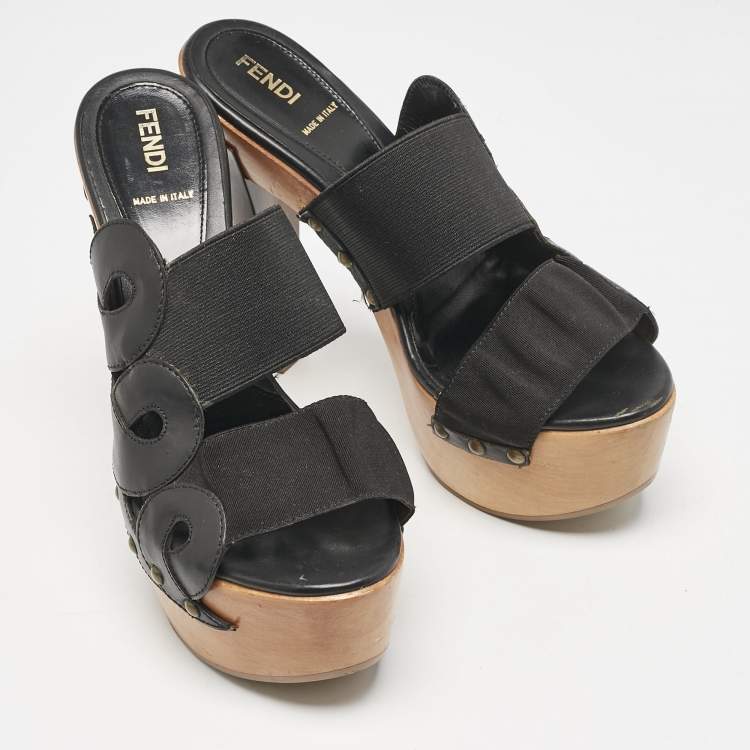 Pre Owned Fendi Black Leather and Elastic Wooden Platform Slide Sandals Size 38