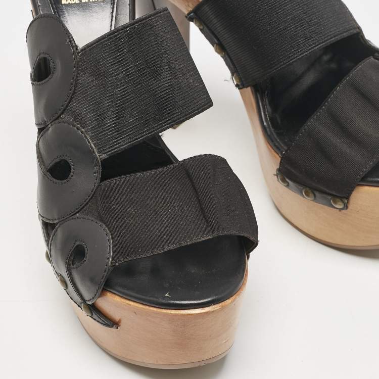 Pre Owned Fendi Black Leather and Elastic Wooden Platform Slide Sandals Size 38