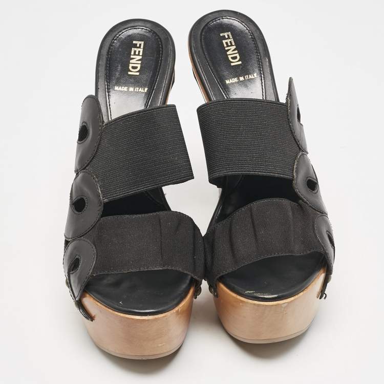 Pre Owned Fendi Black Leather and Elastic Wooden Platform Slide Sandals Size 38