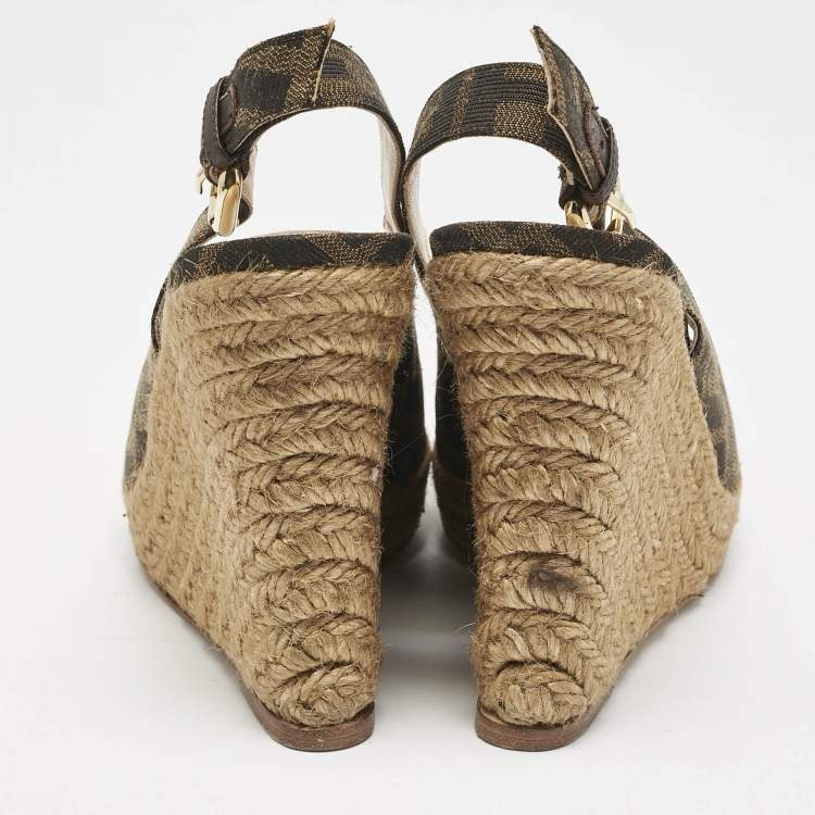 Pre Owned Fendi Brown Canvas FF Slingback Wedge Sandals Size 36