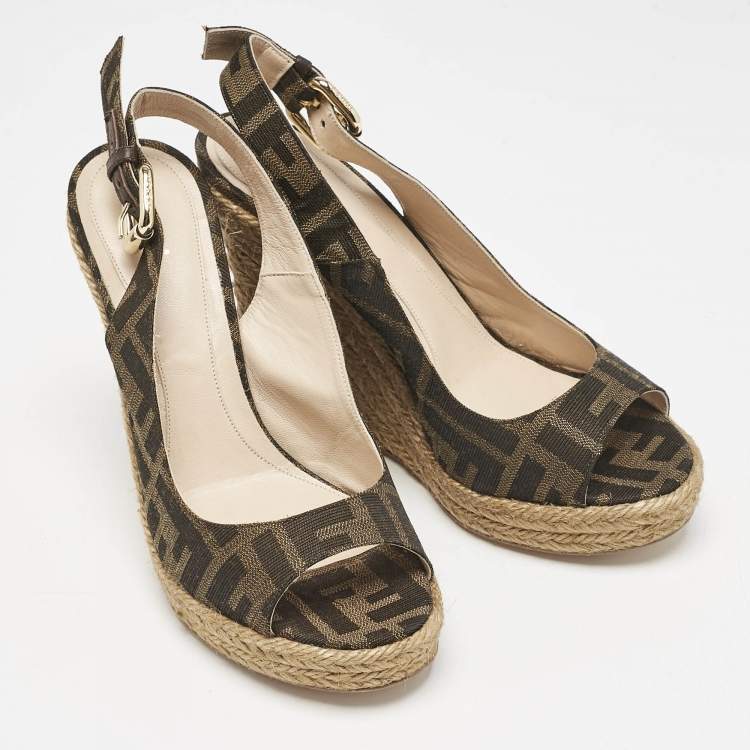 Pre Owned Fendi Brown Canvas FF Slingback Wedge Sandals Size 36