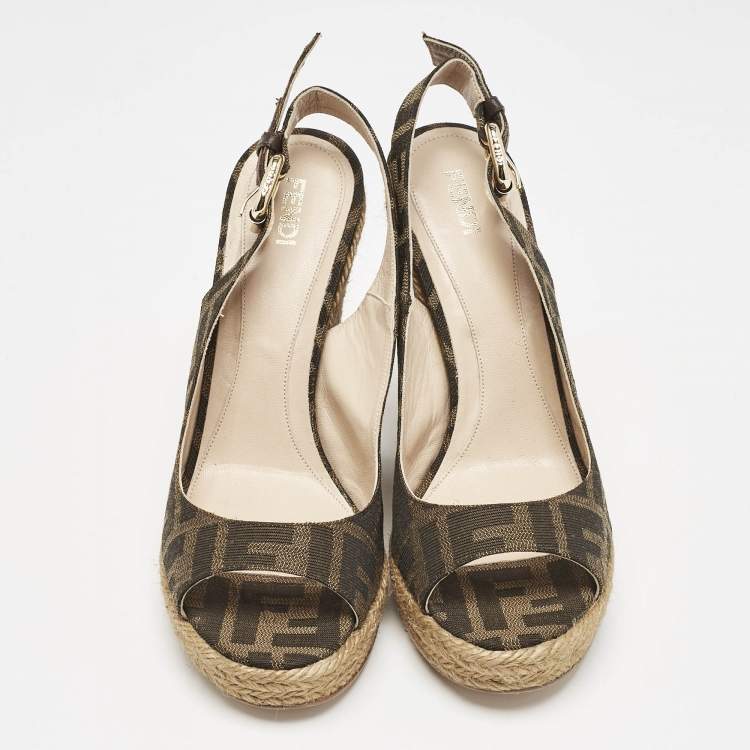 Pre Owned Fendi Brown Canvas FF Slingback Wedge Sandals Size 36