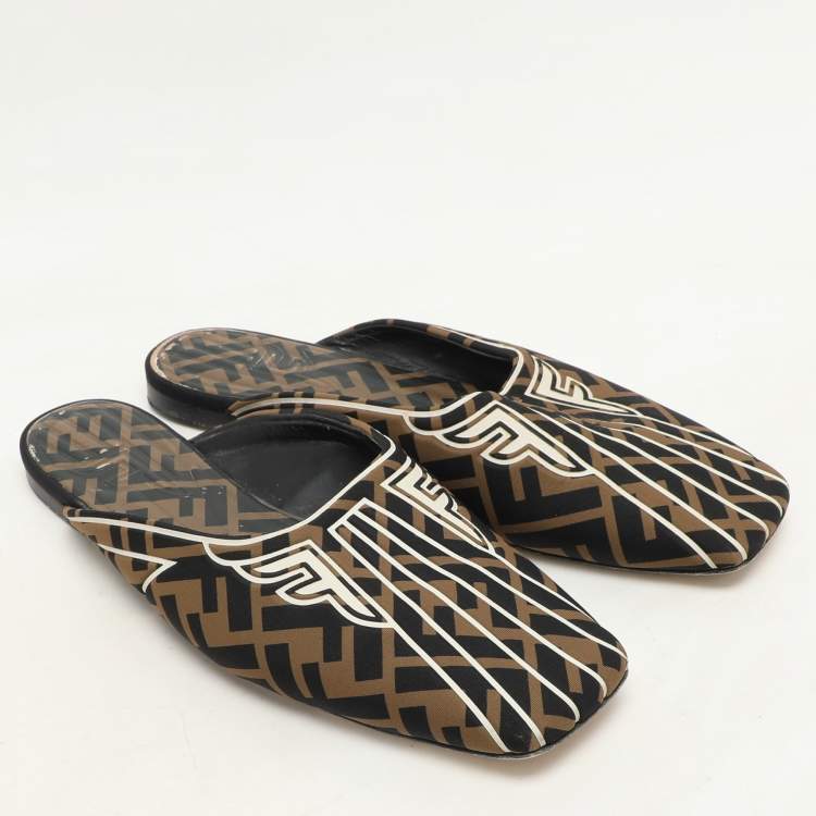 Pre Owned Fendi Brown FF Fabric Freedom Flat Mules Size 38