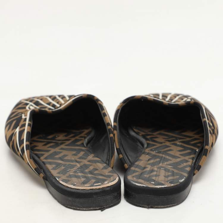 Pre Owned Fendi Brown FF Fabric Freedom Flat Mules Size 38