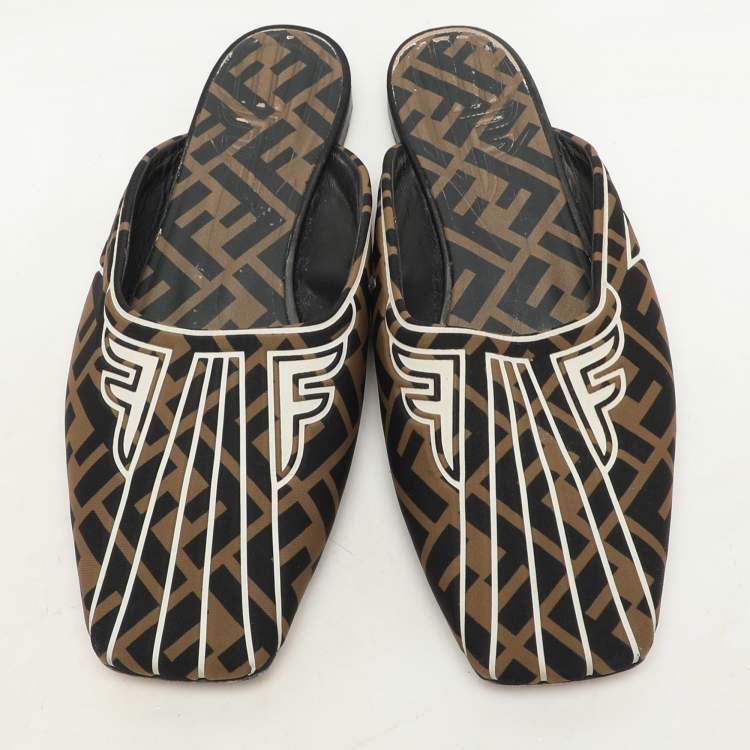 Pre Owned Fendi Brown FF Fabric Freedom Flat Mules Size 38