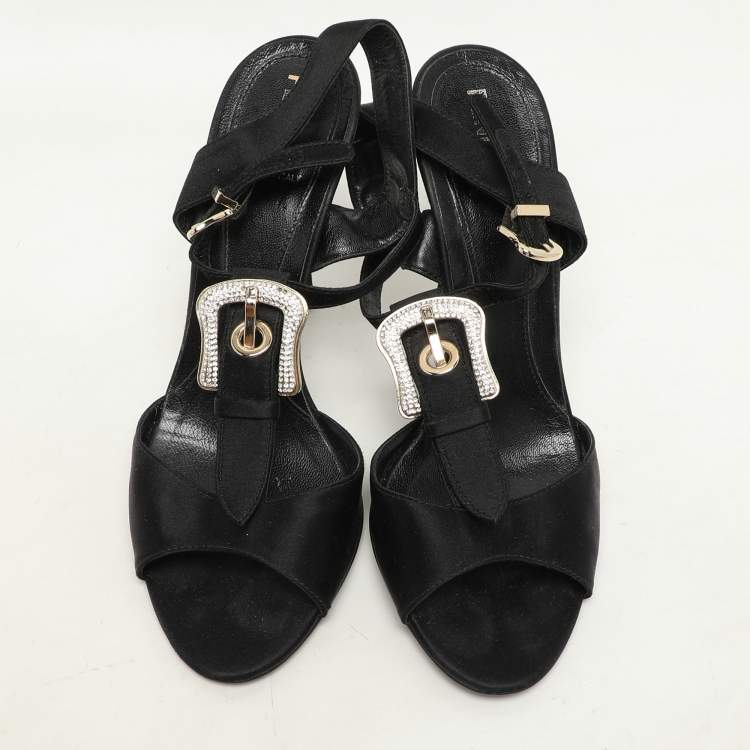 Pre Owned Fendi Black Satin Crystal Embellished Buckle T-Strap Sandals Size 37.5