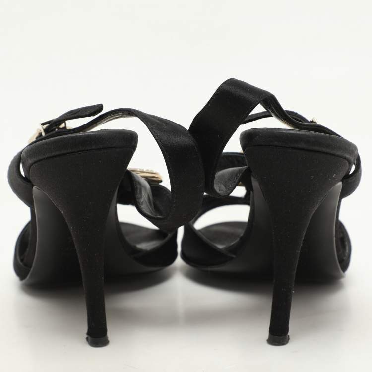 Pre Owned Fendi Black Satin Crystal Embellished Buckle T-Strap Sandals Size 37.5