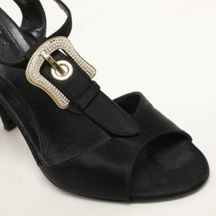 Pre Owned Fendi Black Satin Crystal Embellished Buckle T-Strap Sandals Size 37.5