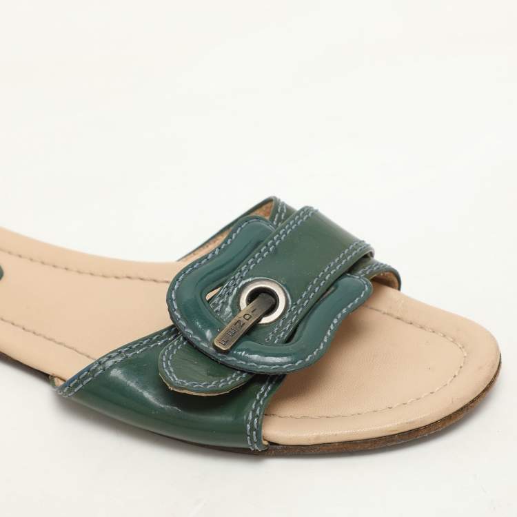 Pre Owned Fendi Green Patent Leather Buckle Flat Slides Size 37