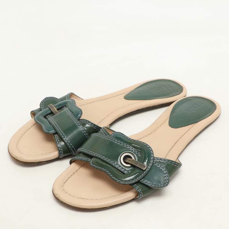 Pre Owned Fendi Green Patent Leather Buckle Flat Slides Size 37