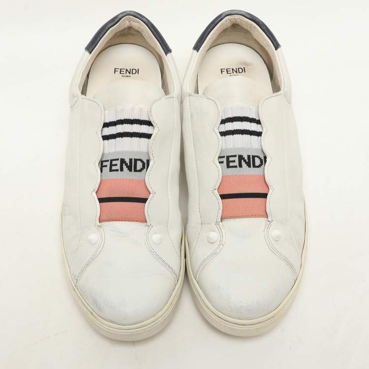 Pre Owned Fendi  Blue Leather Scalloped Logo Rockoko Slip On Sneakers Size 40