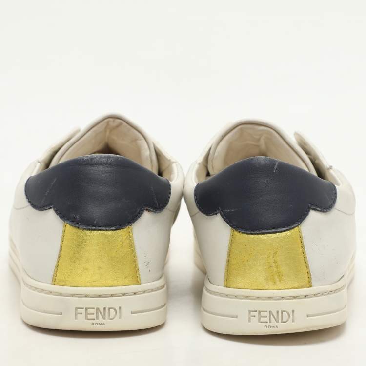 Pre Owned Fendi  Blue Leather Scalloped Logo Rockoko Slip On Sneakers Size 40
