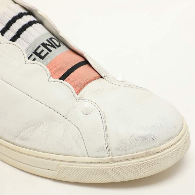 Pre Owned Fendi  Blue Leather Scalloped Logo Rockoko Slip On Sneakers Size 40