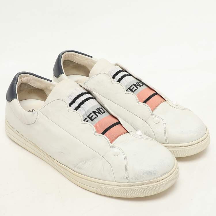 Pre Owned Fendi  Blue Leather Scalloped Logo Rockoko Slip On Sneakers Size 40