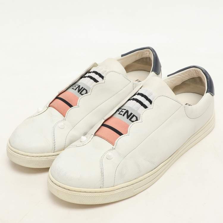 Pre Owned Fendi  Blue Leather Scalloped Logo Rockoko Slip On Sneakers Size 40