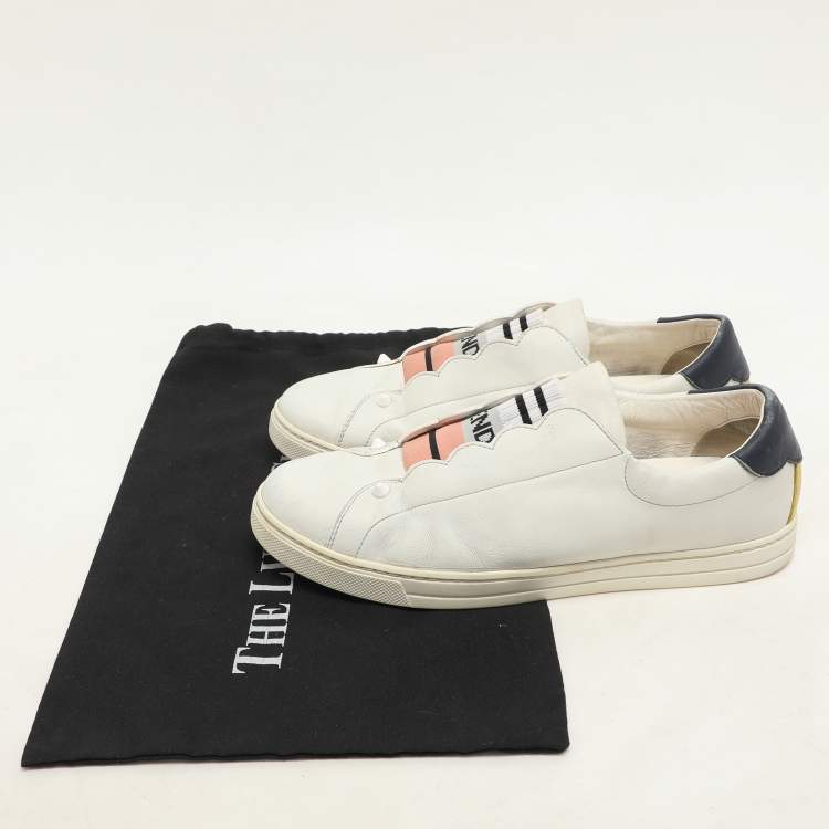 Pre Owned Fendi  Blue Leather Scalloped Logo Rockoko Slip On Sneakers Size 40